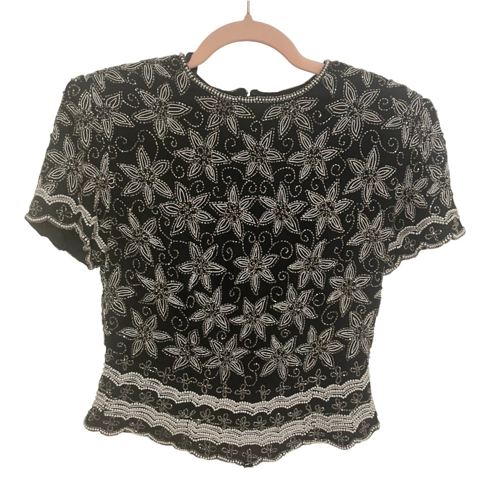 Vintage Black Beaded Top Floral Silver White Seed Pearl Scalloped Hem Small